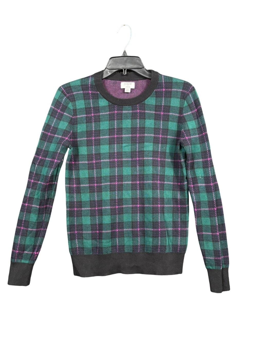 J Crew Sweater Womens Extra Small Green Plaid Teddie Cotton Crewneck Pullover